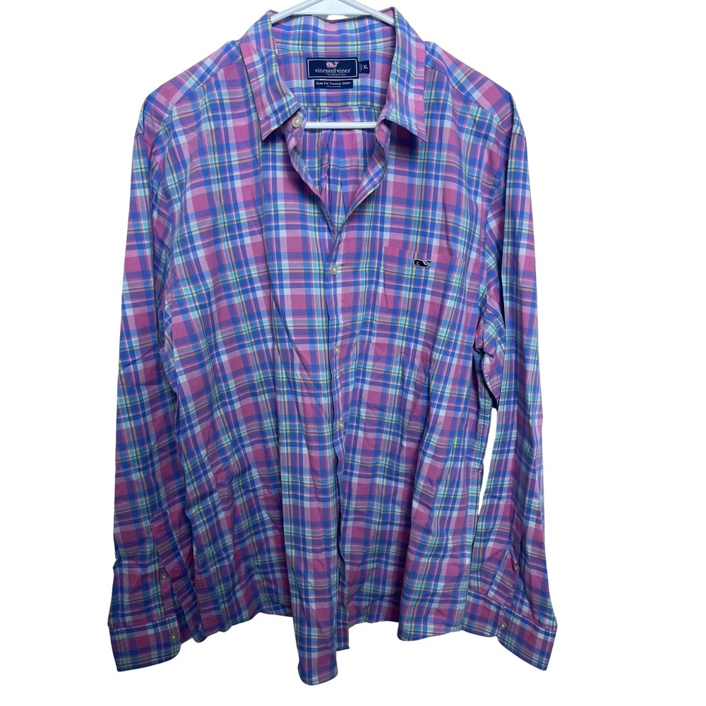 Vineyard Vines Men XL Slim Fit Tucker Shirt Pink Blue Plaid Cotton Coastal Whale